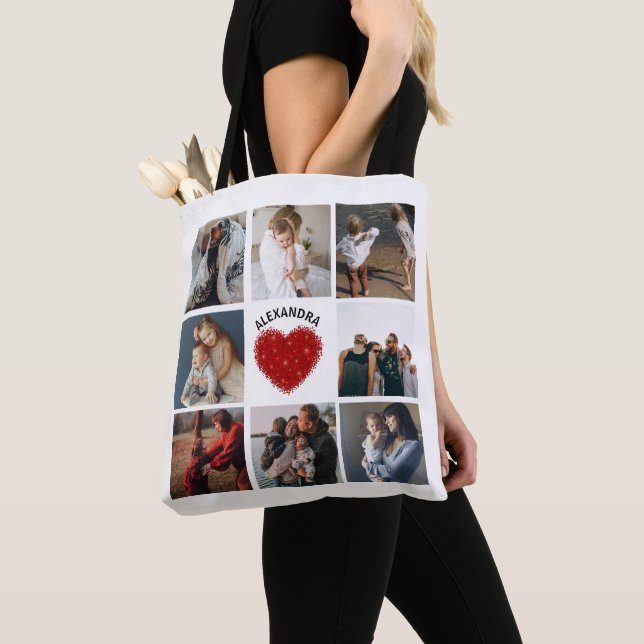 Black Photo Collage | Rustic Red heart Tote Bag (Close Up)