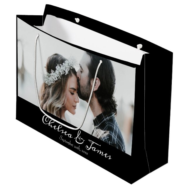 Black Photo Elegant Calligraphy Name Anniversary Large Gift Bag (Front Angled)