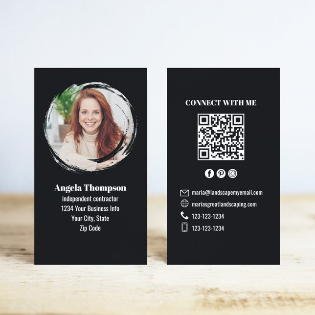 Black Photo QR Code Connect with Me Business Card (Black photo QR code business cards. )