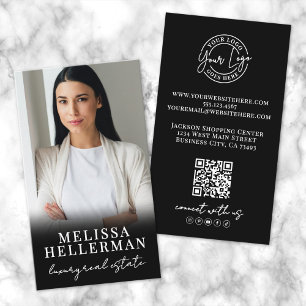Black Photo QR Code Script Logo Vertical Business Card