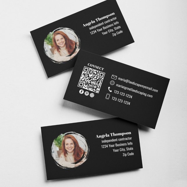 Black Photo QR Code Social Media Business Card (Black photo and QR code template business cards. )