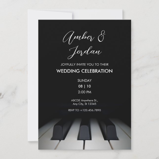 Black piano modern simple wedding invitation (Front)