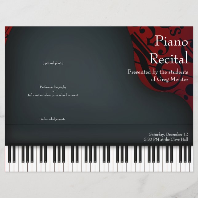 Black Piano on Red Folded Recital Program (Front)
