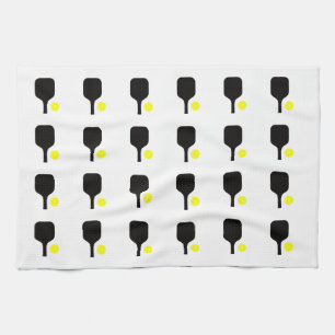 Black pickleball paddles & yellow balls tea towel
