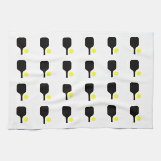 Black pickleball paddles & yellow balls tea towel