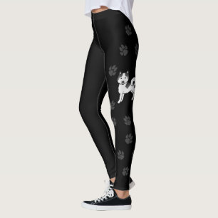 Black Piebald Alaskan Malamute Cute Dog & Paws Leggings