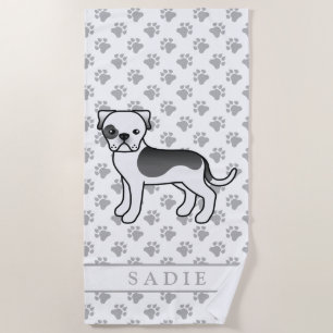 Black Piebald American Bulldog Cute Dog & Name Beach Towel