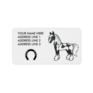 Black Piebald Cartoon Gypsy Vanner Shire Horse Label