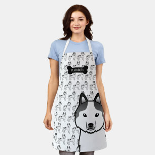 Black Piebald Siberian Husky Cartoon Dog & Name Apron