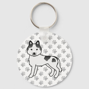 Black Piebald Siberian Husky Cartoon Dog & Paws Key Ring