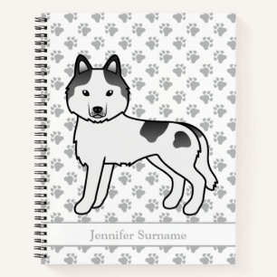 Black Piebald Siberian Husky Cartoon Dog & Text Notebook
