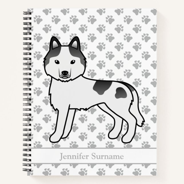 Black Piebald Siberian Husky Cartoon Dog & Text Notebook (Front)