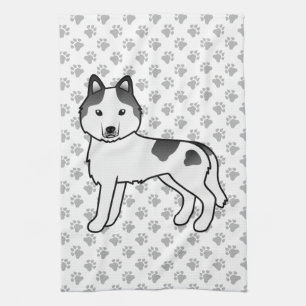 Black Piebald Siberian Husky Cute Cartoon Dog Tea Towel