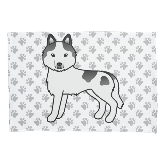 Black Piebald Siberian Husky Cute Dog & Paws Pillowcase (Front)