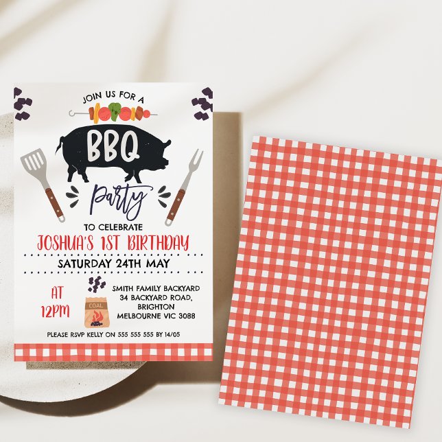 Black Pig Roast Kebab Bbq Birthday Invitation (Bbq birthday party invitation, Backyard Bbq Birthday Invitation, Gingham, pig roast, Summer Bbq)