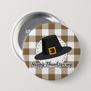 Black Pilgrim Hat on Brown Plaid - Thanksgiving 7.5 Cm Round Badge