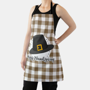 Black Pilgrim Hat on Brown Plaid - Thanksgiving Apron