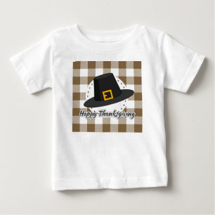 Black Pilgrim Hat on Brown Plaid - Thanksgiving Baby T-Shirt