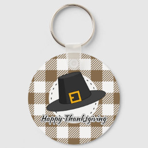 Black Pilgrim Hat on Brown Plaid - Thanksgiving Key Ring