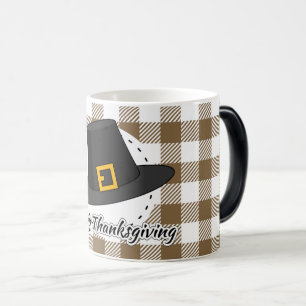Black Pilgrim Hat on Brown Plaid - Thanksgiving Magic Mug