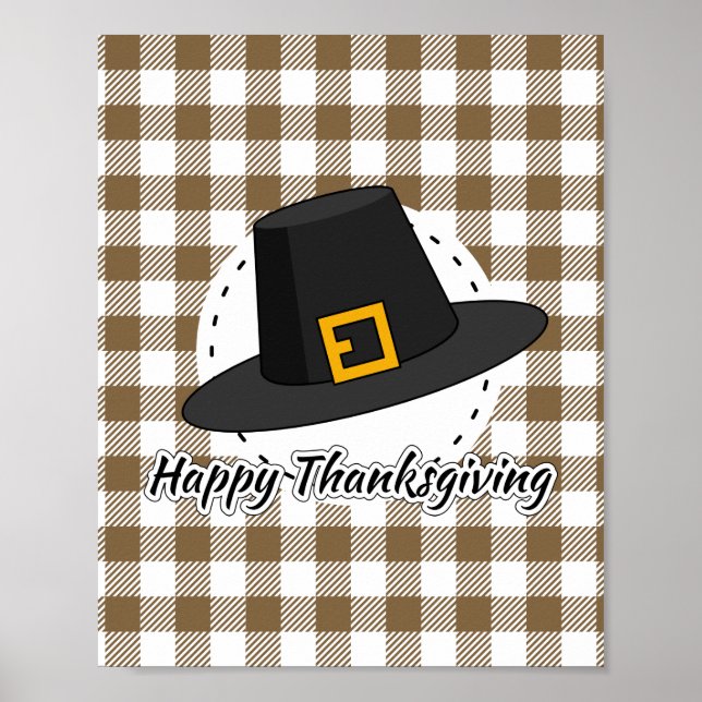 Black Pilgrim Hat on Brown Plaid - Thanksgiving Poster (Front)