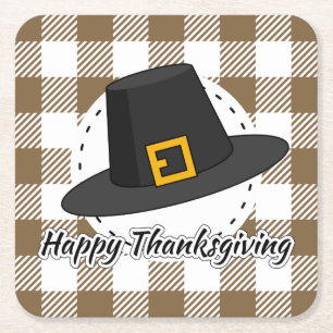 Black Pilgrim Hat on Brown Plaid - Thanksgiving Square Paper Coaster