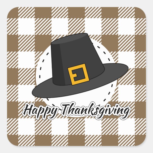 Black Pilgrim Hat on Brown Plaid - Thanksgiving Square Sticker (Front)