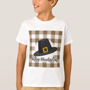 Black Pilgrim Hat on Brown Plaid - Thanksgiving T-Shirt