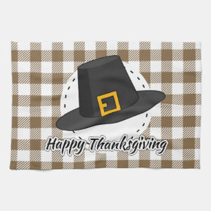 Black Pilgrim Hat on Brown Plaid - Thanksgiving Tea Towel