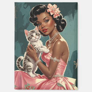 Black Pin-Up Pink Dress and Cute Kitten Magnet
