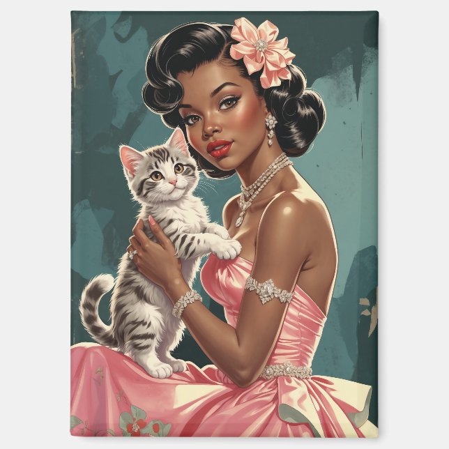 Black Pin-Up Pink Dress and Cute Kitten Magnet (Front)