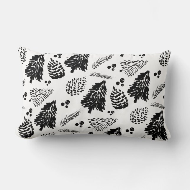 Black Pine Tree Forest Pinecone Pattern Chrismtas Lumbar Cushion (Front)