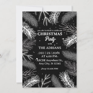 Black pine tree leaves with snow christmas party invitation
