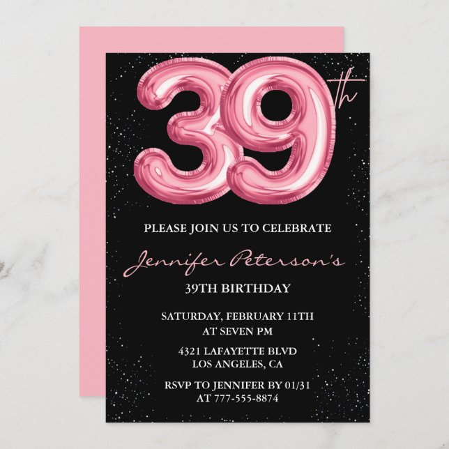 Black Pink 39th birthday invitations Balloon Glam  (Front/Back)