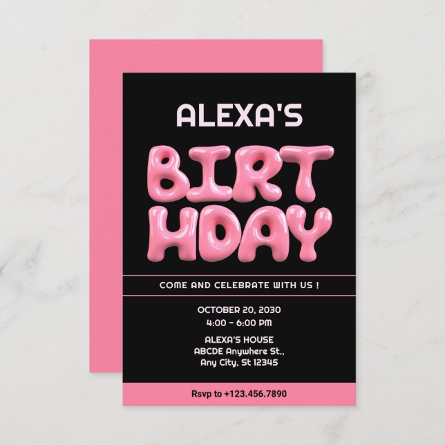 Black Pink 3d bubble gum birthday  Invitation (Front/Back)