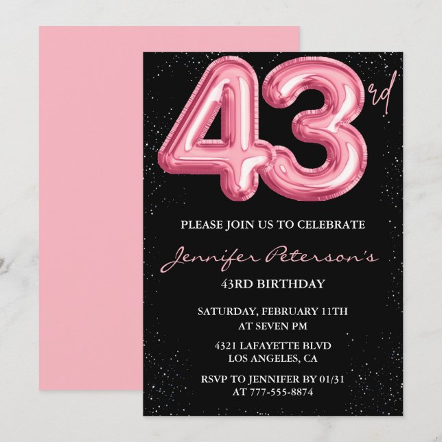 Black Pink 43rd birthday invitations Balloon Glam  (Front/Back)