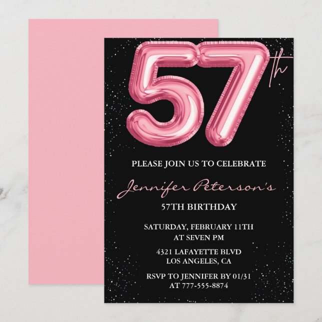 Black Pink 57th birthday invitations Balloon Glam  (Front/Back)
