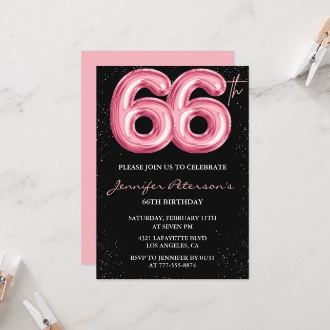 Black Pink 66th birthday invitations Balloon Glam  (Front/Back In Situ)