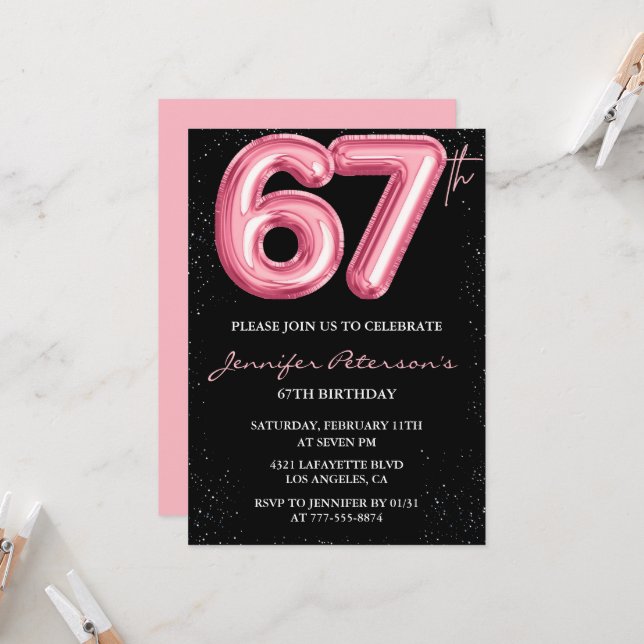 Black Pink 67th birthday invitations Balloon Glam  (Front/Back In Situ)