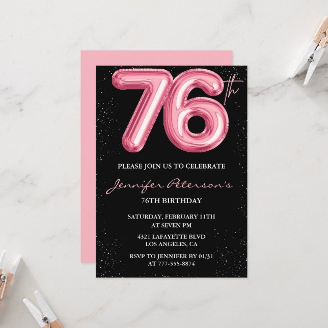 Black Pink 76th birthday invitations Balloon Glam  (Front/Back In Situ)