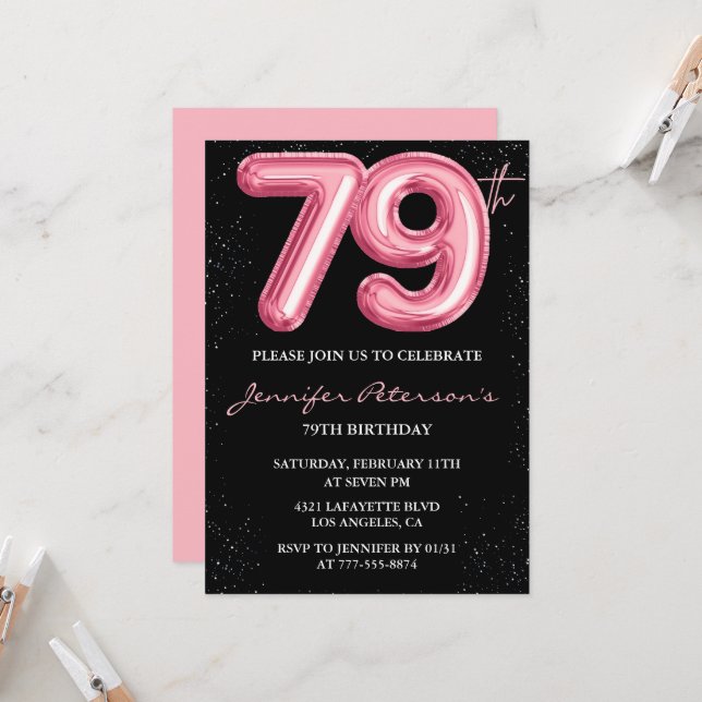 Black Pink 79th birthday invitations Balloon Glam  (Front/Back In Situ)