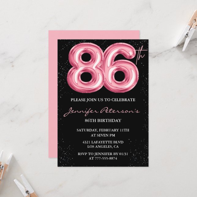 Black Pink 86th birthday invitations Balloon Glam  (Front/Back In Situ)