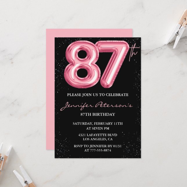 Black Pink 87th birthday invitations Balloon Glam  (Front/Back In Situ)