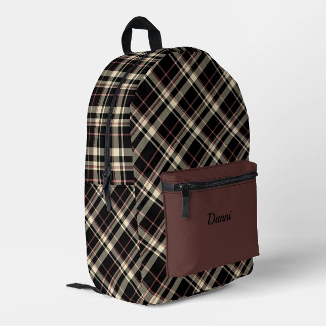 Black Pink and Cream Plaid  Printed Backpack (Back Corner Left)