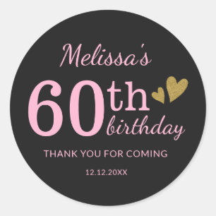 Black Pink And Gold 60th Birthday Thank You Favour Classic Round Sticker