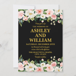 Black Pink and Gold Boho Bohemian Greenery Wedding Invitation