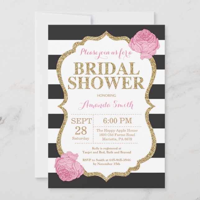 Black Pink and Gold Bridal Shower Invitation (Front)