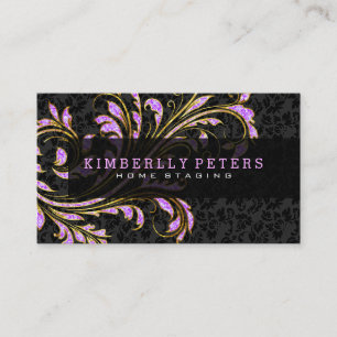 Black, Pink And Gold Floral Swirl Glitter Business Card