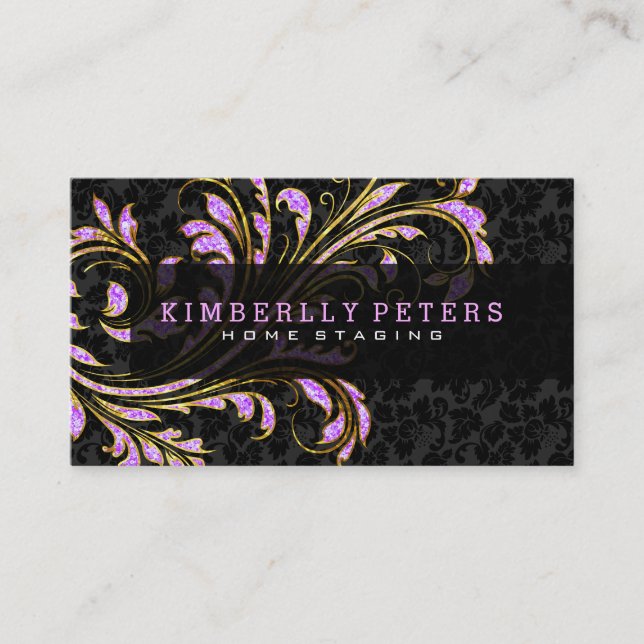 Black, Pink And Gold Floral Swirl Glitter Business Card (Front)