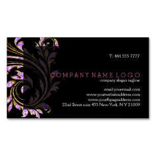 Black, Pink And Gold Floral Swirl Glitter Magnetic Business Card